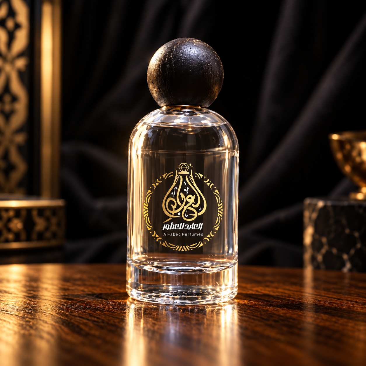 زجاجة عطر العابد بإضاءة ذهبية